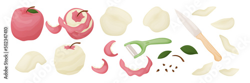 Apple peeling set natural food preparation. Vector illustration