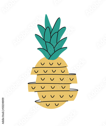 Hand drawn cute summer illustration of sliced pineapple or ananas. Flat vector fresh fruit in simple colored doodle style. Tropical exotic raw food icon or print. Isolated on white background.
