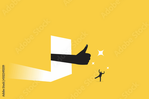 Businessman standing in front of a door, big hand out from the door with thumbs up gesture. promotion, Best worker, excellent performance, recognition for an achievement concept.