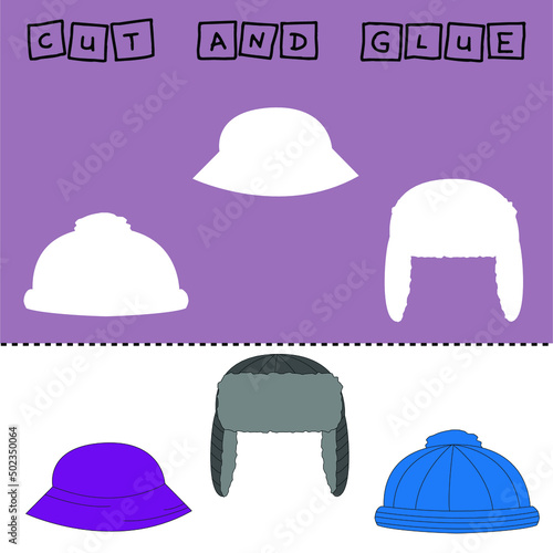 Vector illustration of headwear with shadows. paper game for the development of preschoolers. Cut out parts of the image and glue the hat, panama, earflaps. Fun game for kids and kids