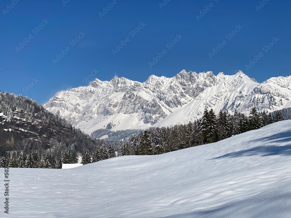 Fairytale alpine winter atmosphere the peaks of the Alpstein mountain range and in the Appenzell massif, Nesslau (Obertoggenburg region) - Canton of St. Gallen, Switzerland (Schweiz)