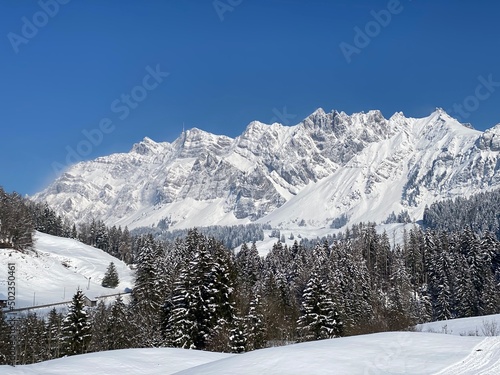 Fairytale alpine winter atmosphere the peaks of the Alpstein mountain range and in the Appenzell massif  Nesslau  Obertoggenburg region  - Canton of St. Gallen  Switzerland  Schweiz 