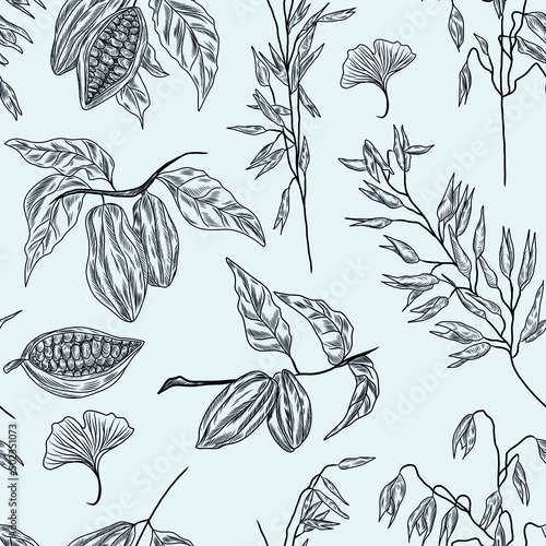 Hand drawn vector seamless pattern with cocoa beans, cacao plant, oat plant, ginkgo biloba leaf