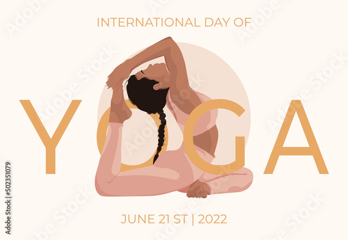 International day of yoga design concept banner. Faceless style woman doing yoga poses. Vector illustration for wellness center or yoga studio.