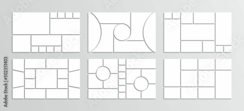 Moodboard grid. Photo collage template. Mood board layout. Mosaic pictures frame. Retro gallery banner. Album brandboard. Set of portfolio images. Scrapbook mockup background. Vector illustration
