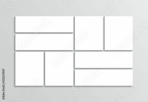 Photo album layout. Moodboard grid. Mosaic photo pictures. Frames images. Collage banner. Mood board template. Gallery brandboard. Modern portfolio background. Vector illustration