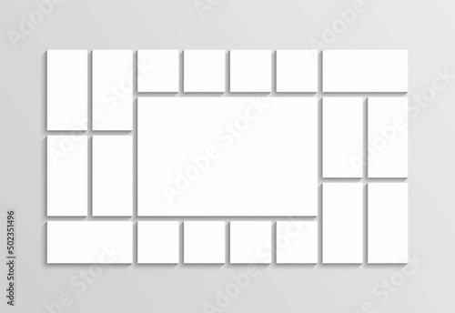 Photo album template. Mood board collage grid. Mosaic pictures frame. Retro gallery banner. Moodboard layout. Empty brandboard. Portfolio images isolated on gray background. Vector illustration