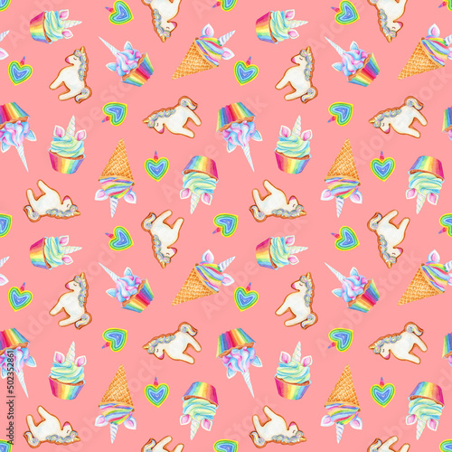 Seamless pattern sweet desserts. Rainbow unicorn gingerbread, ice cream cone and multicolored cupcake