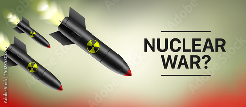Black atomic bombs falling down on a dark toxic sky background. Nuclear war risk, concept vector illustration.