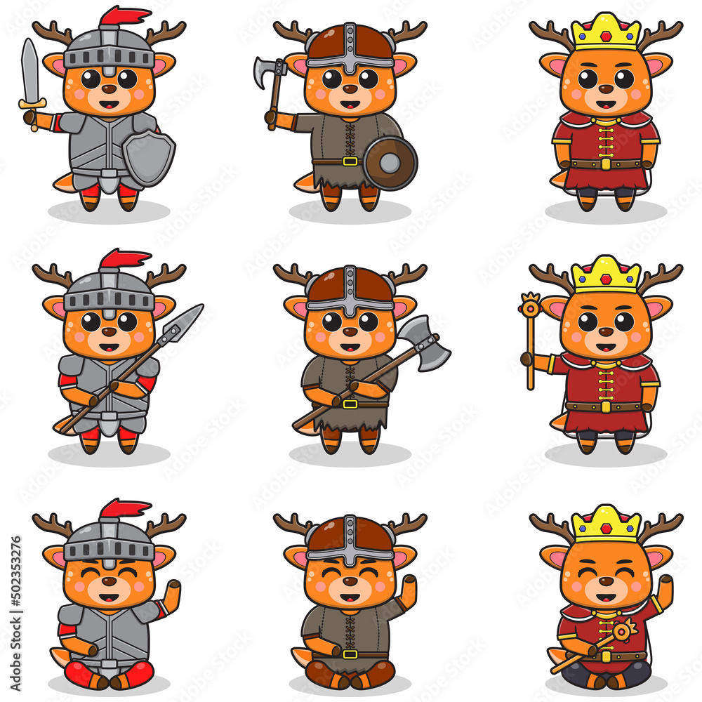 Obraz premium Vector illustrations of Deer characters in various medieval outfits. King, viking and knight costume. Vector illustration bundle