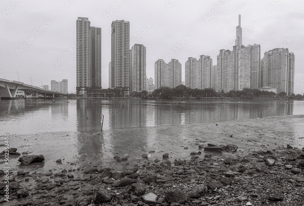 Landscape photo film black and white: Landmark 81 tower. Time: May 02, 2022. Location: Ho Chi Minh City.  