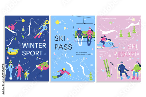 Set of Winter Sport banners Ski Resort with people