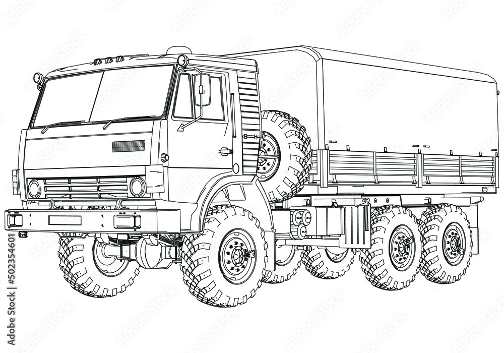 Outline drawing of army truck on white background. Vector Military