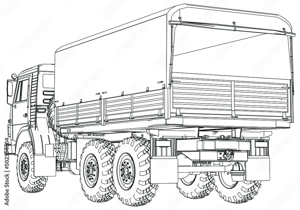 Outline drawing of army truck on white background. Vector Military machine. Military vehicle logotype.