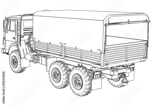 Outline drawing of army truck on white background. Vector Military machine. Military vehicle logotype.