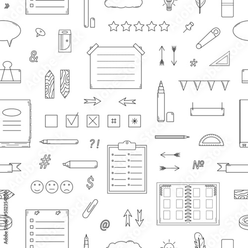Hand drawn seamless pattern with elements bullet journal. Planner, diary. Doodle style. Vector