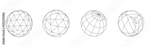 Set of wireframe sphere from different sides. Vector abstract geometric 3D objects. Technology block chain network connection.