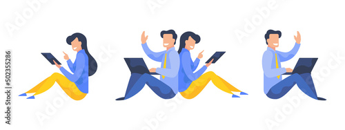 Sitting people set of diverse cartoon character isolated on white background vector illustration. Simple flat style.