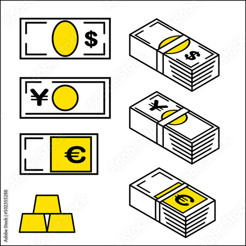 ドル、円、ユーロの紙幣、札束、金塊　金融ファイナンスのイメージのシンプルなアイコン・イラストセット