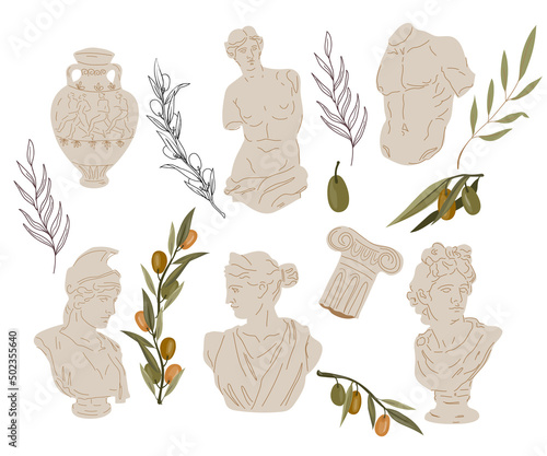 Set of antique marble Greek and Roman sculptures and olive tree branches, flat vector illustration isolated on white background. Ancient Greek or Roman statuary elements.