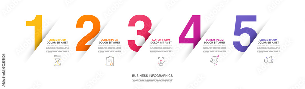 Modern vector flat illustration. Line infographic numbers template with five elements, icons. Timeline designed for business, presentations, web design, interface, diagrams with 5 steps - obrazy, fototapety, plakaty 