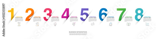 Modern vector flat illustration. Line infographic numbers template with eight elements, icons. Timeline designed for business, presentations, web design, interface, diagrams with 8 steps