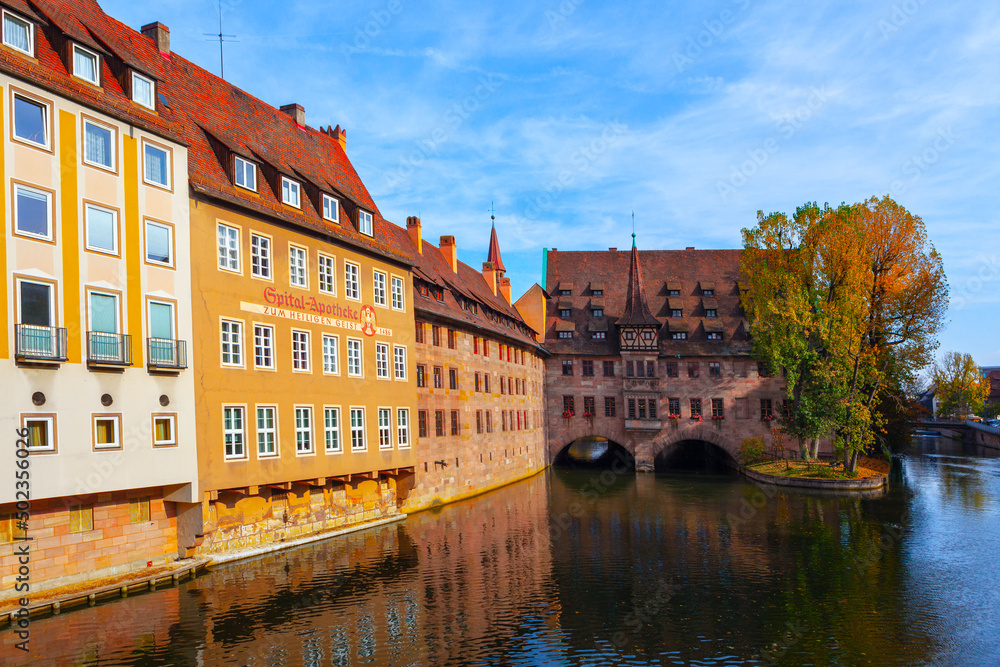 Pegnitz river and Famous architecture in Nuremberg Germany 