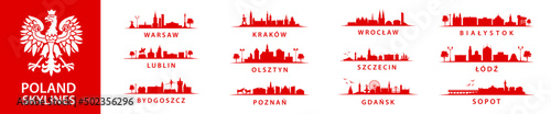 Collection of polish skylines, big bundle of cities in Poland, eastern Europe, Szczecin, Krakow, Wroclaw, Lublin, Olsztyn, Warsaw, Bydgoszcz, Poznan, Gdansk, Lodz, Sopot, Bialystok #502356296