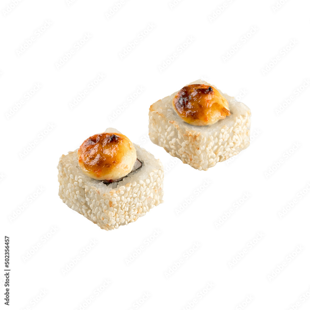 Baked roll with cheese cap and sesame isolated on a white background. Baked roll with cheese cap and sesame isolated on a white background.