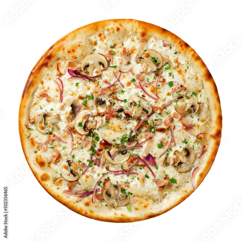 Julienne pizza with mushrooms isolated on a white background top view.