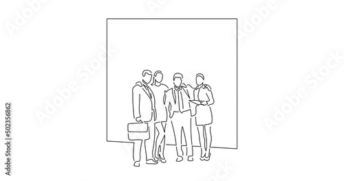 Company work team in line art animation. Video footage of a group of business people working. Black linear video on white background. Animated gif illustration design.
