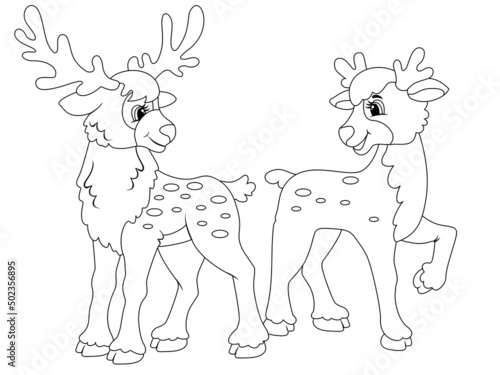 Two deer. Isolated picture. Vector illustration, children coloring book.