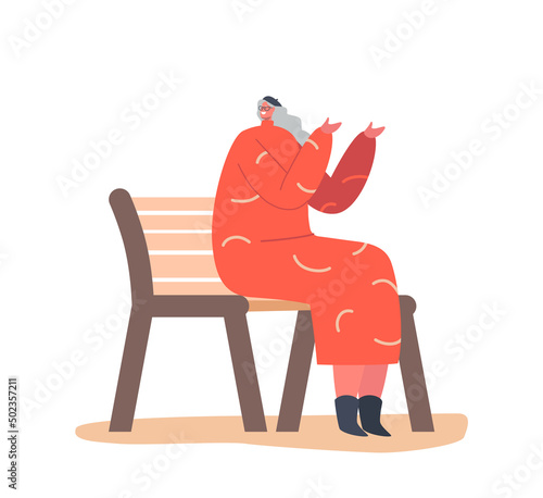 Senior Female Character in Trendy Clothed Group Sitting on Bench, Communicate, Chatting, Share Gossips