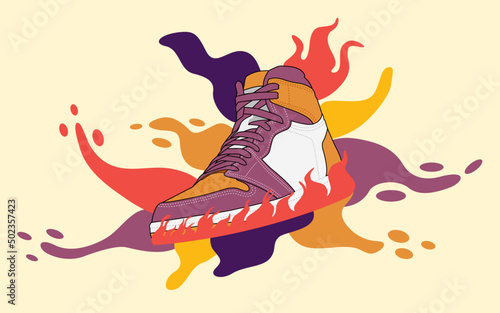 Abstract style background with sneakers and fluid shapes vector illustration