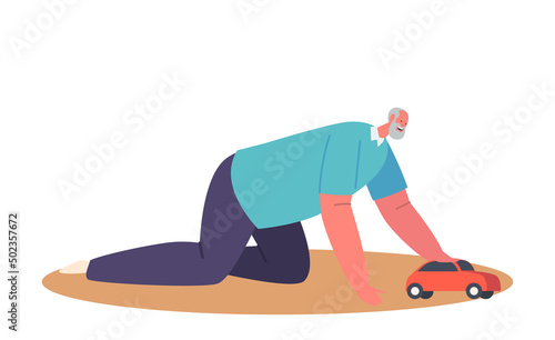 Senior Male Character Crawl on Floor with Toy Car in Hands, Grandfather Play with Child. Old Smiling Man with Baby Toys