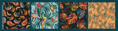 Set of abstract tropical seamless patterns. Parrots, bananas, tropical plants. Modern exotic design