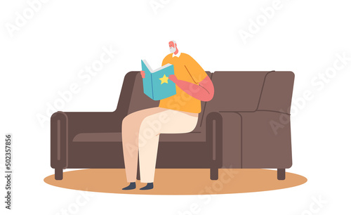 Senior Grey Haired Man in Glasses Sit on Sofa with Book in Hands. Aged Male Character Reading Hobby, Relaxed Sparetime