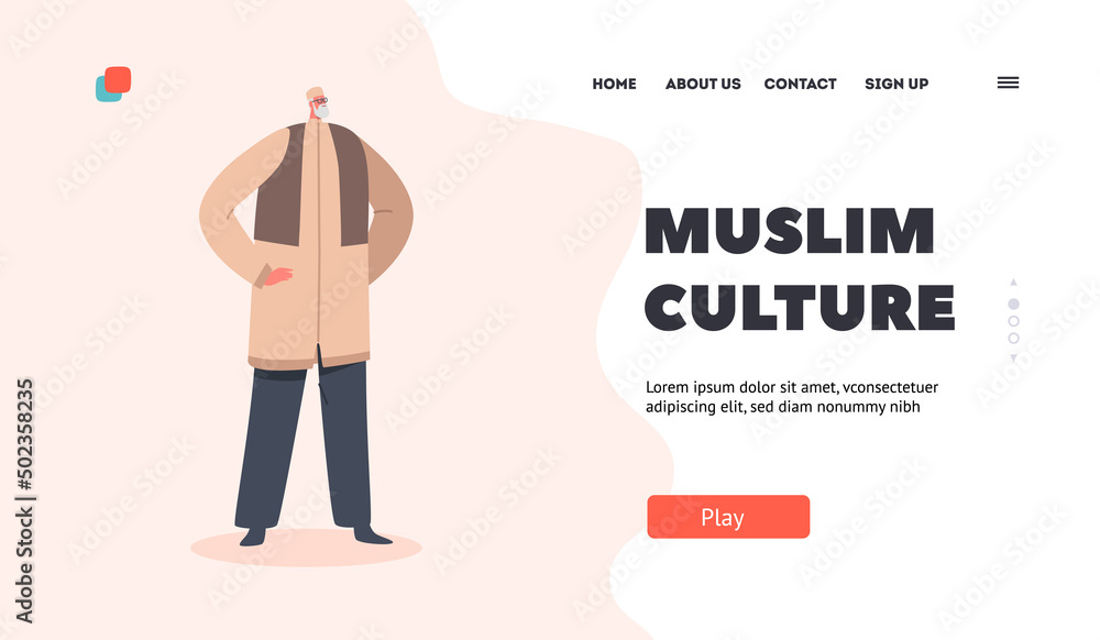 Muslim Culture Landing Page Template. Senior Muslim Male Character Wear Traditional Dress. Arab Man in National Clothes Muslim Culture Landing Page Template. Senior Muslim Male Character Wear Traditional Dress. Arab Man in National Clothes
