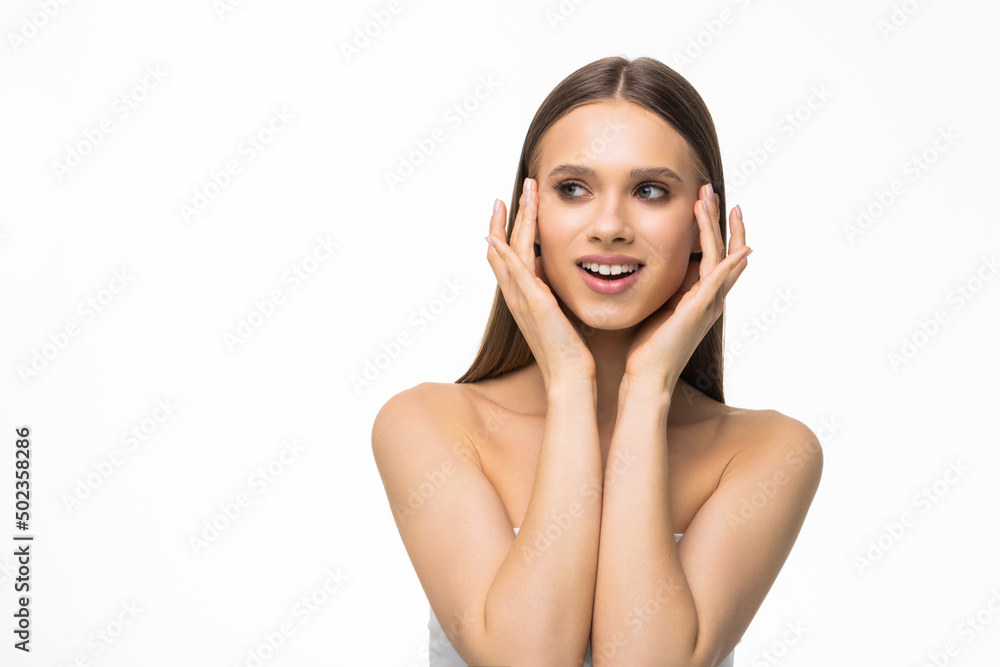 Beautiful and smiling woman with clean skin, white background with place for inscription. Freshness, health and beauty. Beautiful and smiling woman with clean skin, white background with place for inscription. Freshness, health and beauty.