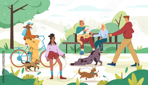 Flat people walk with dog on leash in city park. Pet owners with happy cute domestic animal play in outdoors. Young girl ride a bicycle and couple sitting in bench with puppy and reading using gadget.