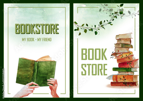 Fotografi Set from two watercolor poster for bookstore, bookshop, library with stack of books, book in hand