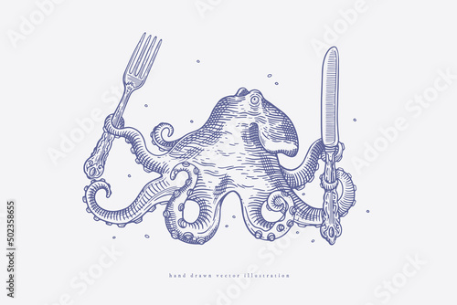 Octopus holds a fork and a knife with its tentacles. Sea creature in vintage engraving style. Retro picture for the menu of fish restaurants, markets and shops. Vector illustration.