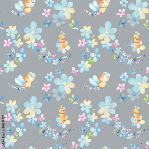 Cute childish seamless pattern with hand drawn cartoon elements. Background with butterflies and flowers for children.