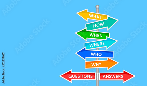 Question words on signpost isolated on blue background with copy space. Vector illustration