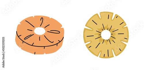 Hand drawn cute summer illustration of two sliced pineapple ring or ananas. Flat vector fresh fruit in simple colored doodle style. Tropical exotic raw food icon or print. Isolated on white background