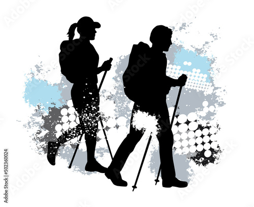 Hiking sport graphic with dynamic background.