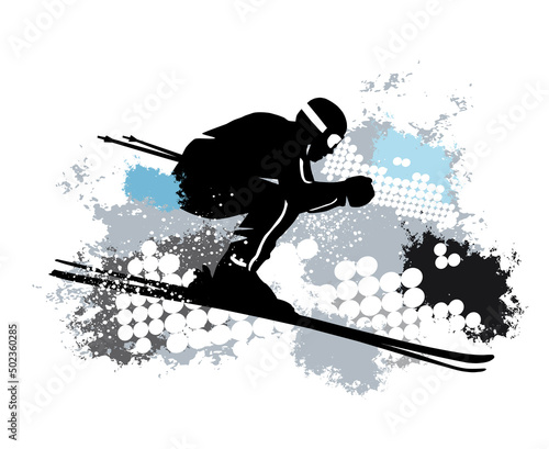 Ski sport graphic with dynamic background.