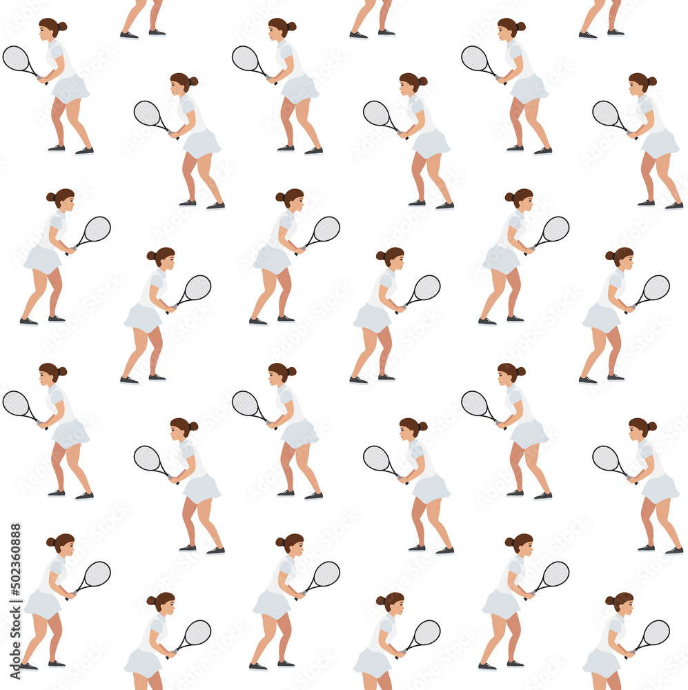 Vector seamless pattern of flat woman girl playing tennis isolated on white background Vector seamless pattern of flat woman girl playing tennis isolated on white background