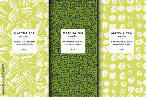Vector illustration set of templates contemporary abstract cover and patterns for matcha tea packaging with labels. Minimal modern backgrounds.