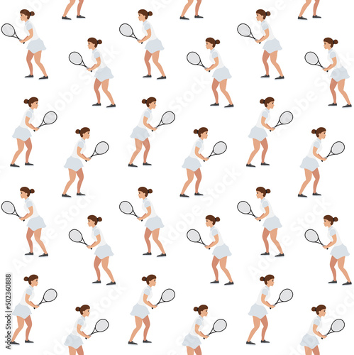 Vector seamless pattern of flat woman girl playing tennis isolated on white background